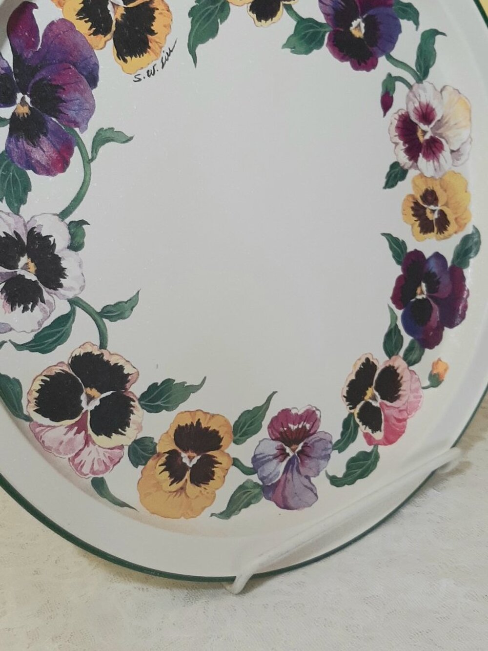 Hand Painted Pansies on Textured Decorative Tray. Signed
